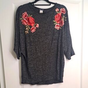 Charcoal Gray Top with Red Floral Embroidery